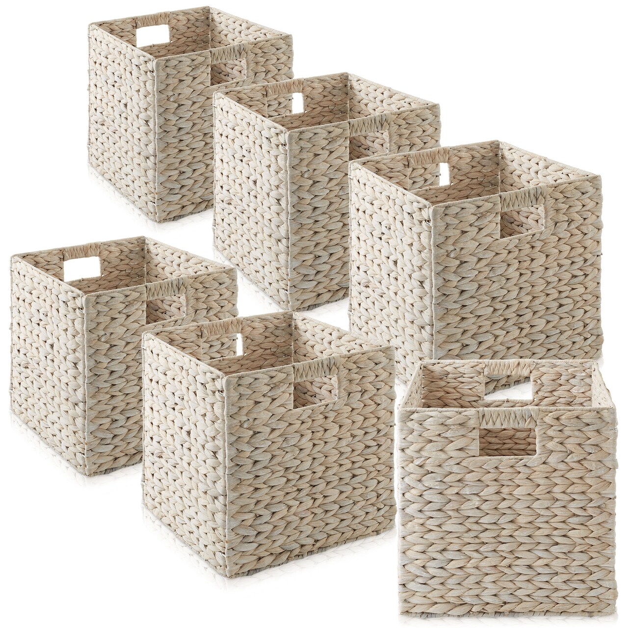 Casafield 12" x 12" Water Hyacinth Storage Baskets, Collapsible Cube Organizers, Woven Bins for Bathroom, Bedroom, Laundry, Pantry, Shelves